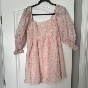 Pink Square Neck Sundress with Bishop Sleeves